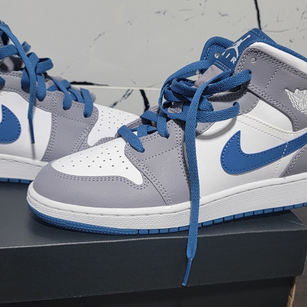 Air Jordan 1 Mid White Gray Blue Sneakers